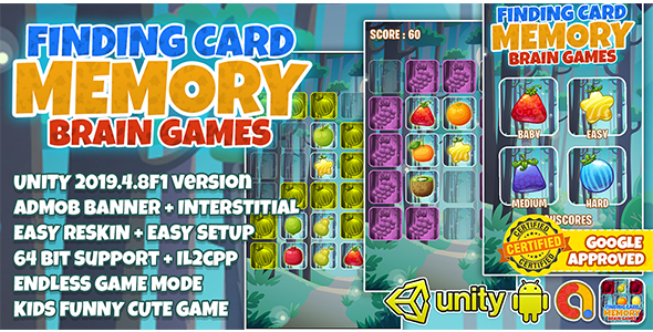 Find Card Memory Brain Kids Unity3D + Admob Ads + Easy Reskin