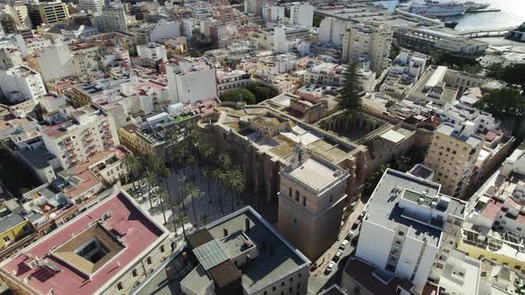 Beautiful Almería Cathedral view from above on City centre, Orbiting shot. Andalusia