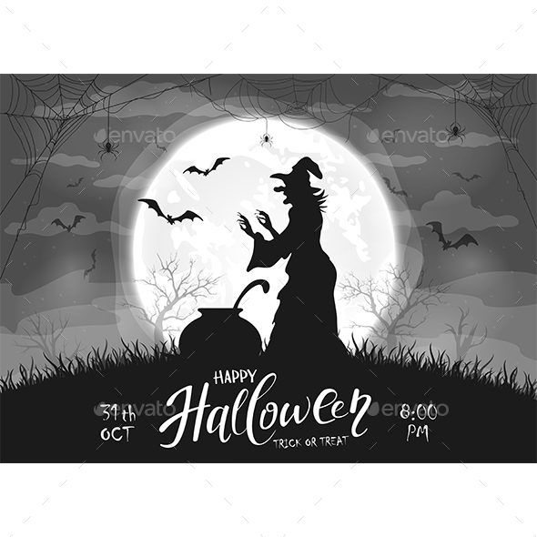 Black and White Halloween Background with Witch and Bats