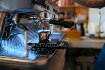 Barista workplace, coffee machine in cafe, nobody