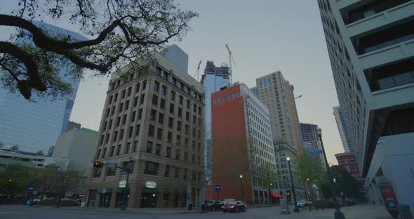 Low angle establishing shot of downtown Houston, Texas