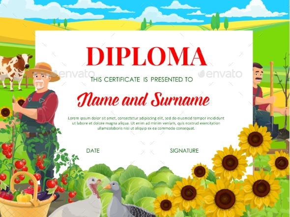 School Diploma with Farmers Working in Garden