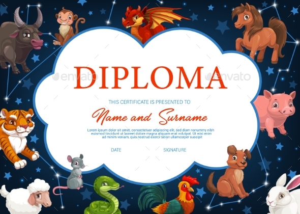 Kids Diploma with Chinese Zodiac Animals, Frame