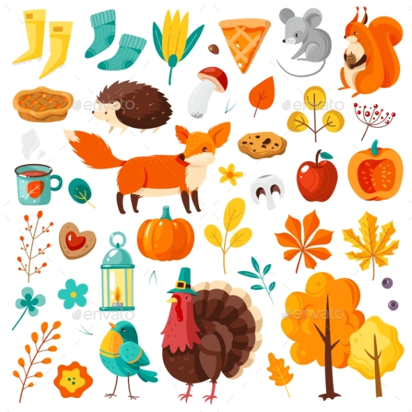 Autumn Set. Yellow Falling Leaves, Forest Animals