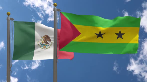 Mexico Flag Vs Sao Tome And Principe Flag On Flagpole