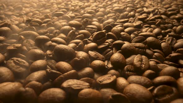 Brown Coffee Beans with Outgoing Aromatic Steam After Roasting