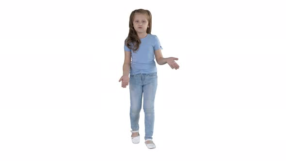 Small Girl Walking and Talking To Camera Making Gestures on White Background.