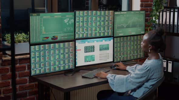 Sales Manager Looking at Multiple Monitors with Forex Exchange