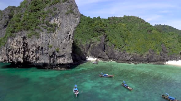 Drone footage of Nui Beach at Koh Phi Phi, Thailand