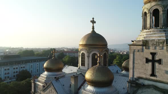 Aerial view of the Cathedral of the Assumption on sunrise, Varna Bulgaria. 