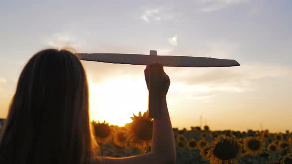 Cute Child Playing with Toy Wooden Airplane in the Field at Sunset Time