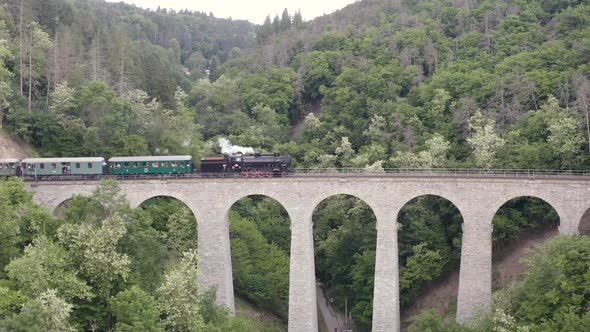 Steam engine train crossing a stone viaduct in a forest valley,zoom.