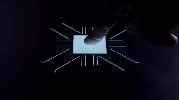 Human finger is pressing a digital button on a glowing touchscreen.