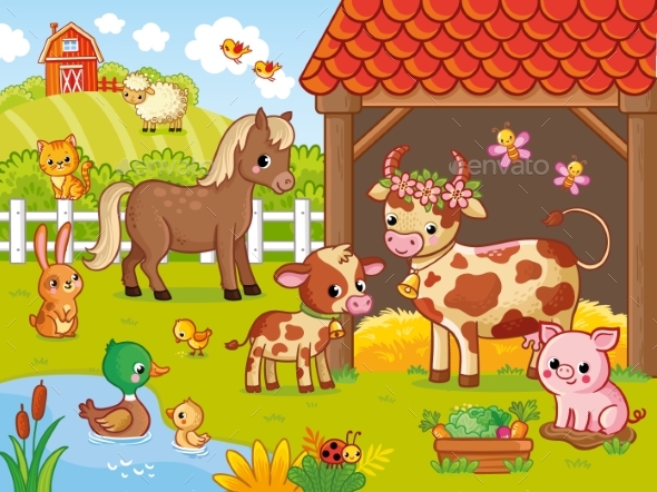 Farm with Animals in Cartoon Style Vector