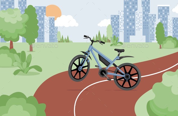 Blue Bicycle in Urban Park Vector Flat
