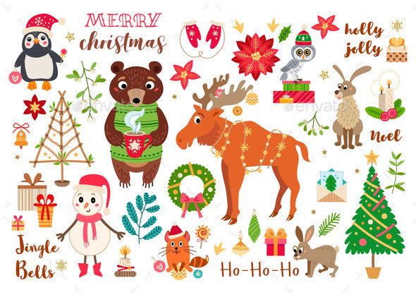 Christmas Forest Animals Set in Cartoon Style