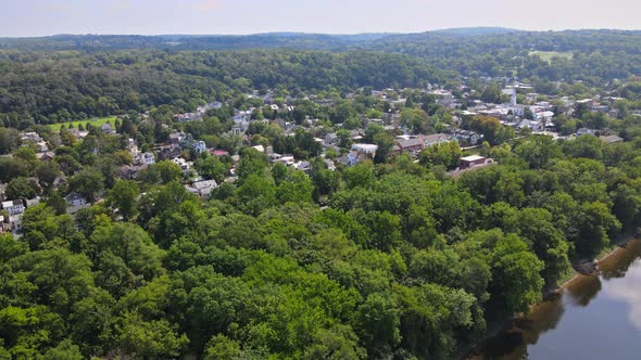 Overhead View of Delaware River Aerial Landscape of Small Town Lambertville New Jersey with Historic