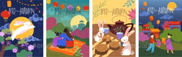 Set of Four Colorful Cartoon Mid-Autumn Poster