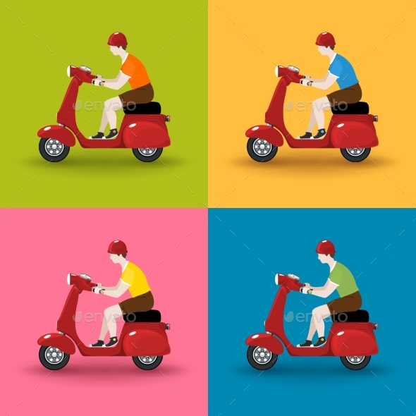 Set of Red Vintage Scooters with Men