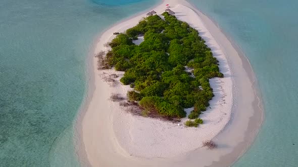 Drone view tourism of coast beach by blue ocean and sand background