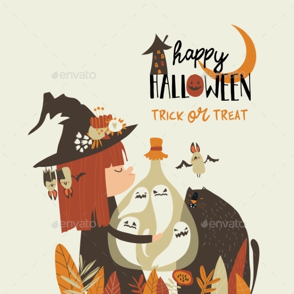 Halloween Witch Holding Bottle with Ghosts
