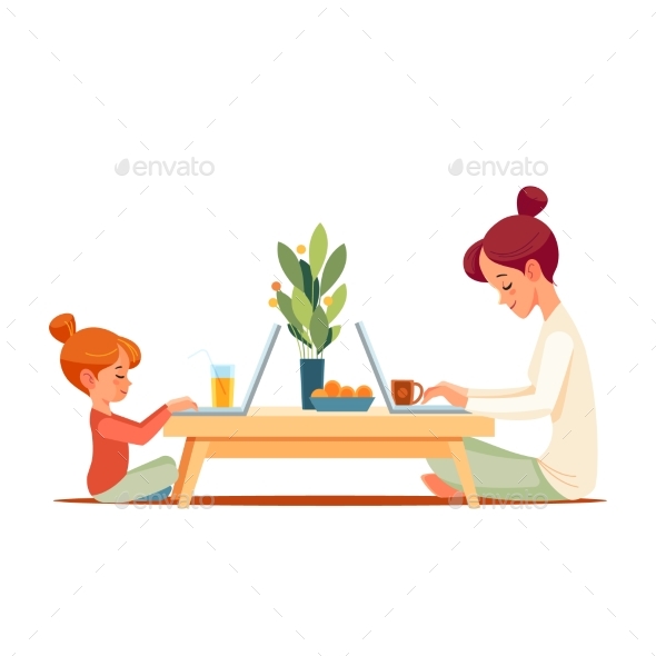 Working Mother Works From Home Office with Kid