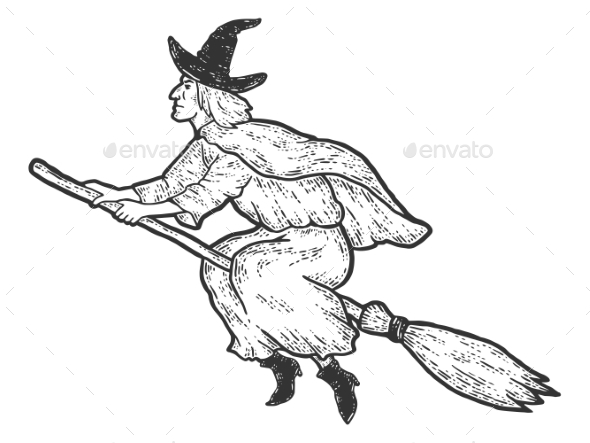 Halloween Witch Flies on Broomstick Sketch