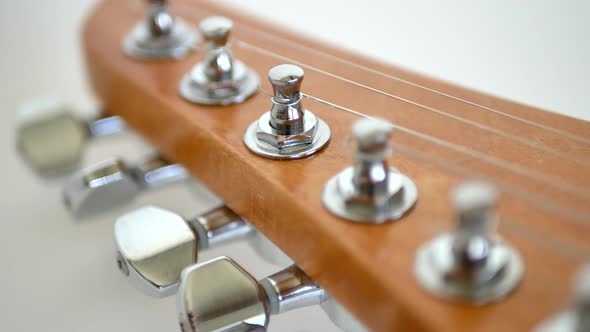 Maple electric guitar headstock and silver tuners CLOSE UP