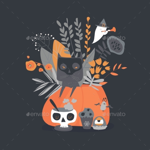 Halloween Illustration with Pumpkin and Cat