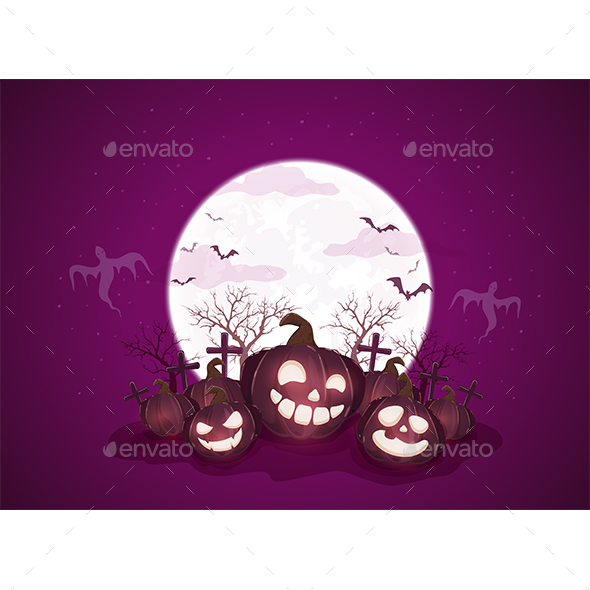 Purple Halloween Background with Moon and Pumpkins