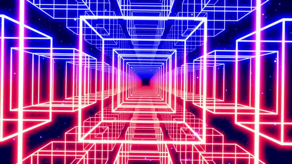 Motion Design Array of Cubes Camera Flies and Rotates in Digital Scifi Space with Neon Light and