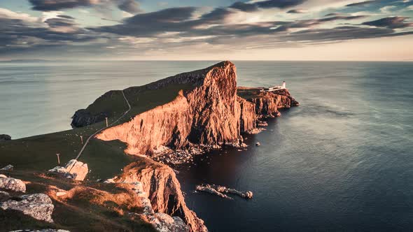 Beautiful sunset at Neist point lighthouse, Scotland, United Kingdom, 4k, timelapse