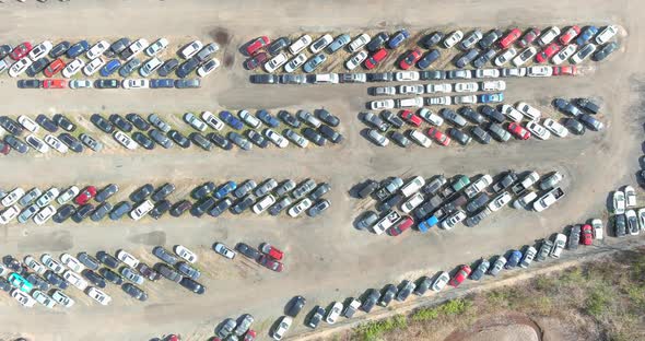 Aerial Bird View Used Car Lot with Ready for Car Market Dealers and Distributors Logistics Parking