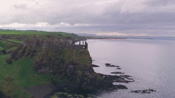 Dunluce Castle, County Antrim Coast, Northern Ireland. Aerial drone view