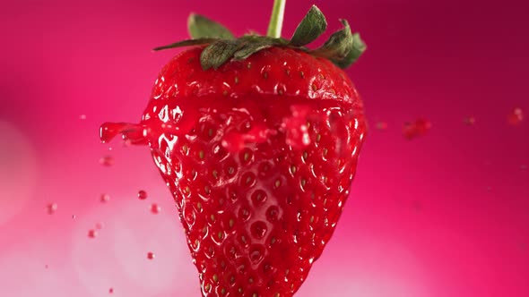 Strawberry Slice Falling and Splashing on Pink Background