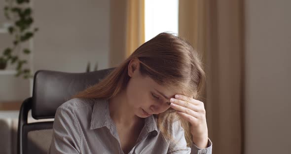 Portrait of Girl Feeling Stress and Sadness, Woman Facing Problems at Work or School, Learns About