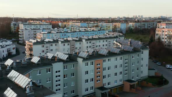 Solar Panels on the Roof of Modern Apartment Buildings Aerial View