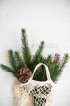  pine cones on white rustic background. Net shopping bag with winter decorations, zero waste holidays. Top view with space for text