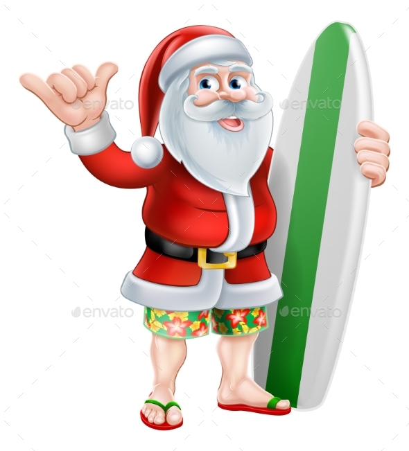 Surfing Santa Shaka Hand Christmas Cartoon