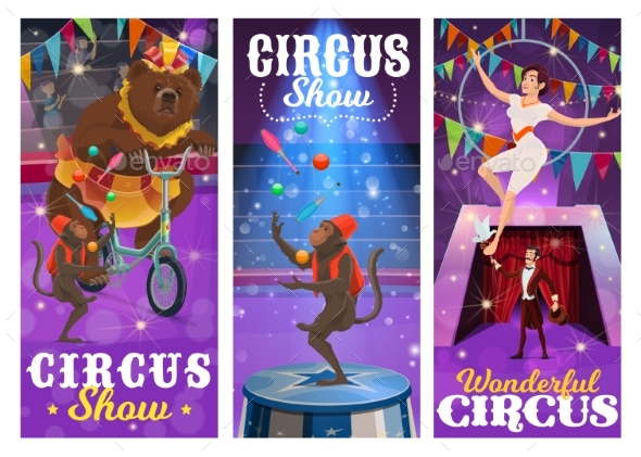 Circus Performers Vector Banners, Cartoon Artists