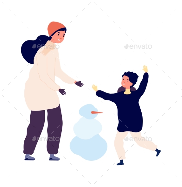 Winter Activity. Mother Son Making Snowman. Happy