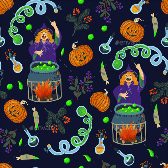 Seamless Pattern with Halloween Scary Elements