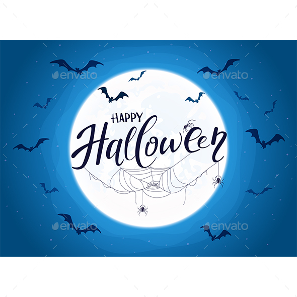 Blue Halloween Background with Moon and Bats