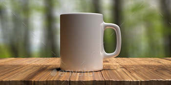 Coffee mug white color, nature green background. Hot beverage cup mockup template. 3d illustration