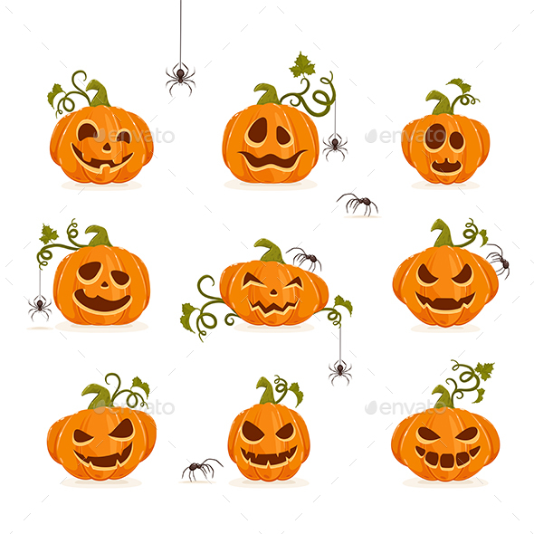 Set of Halloween Pumpkins and Spiders