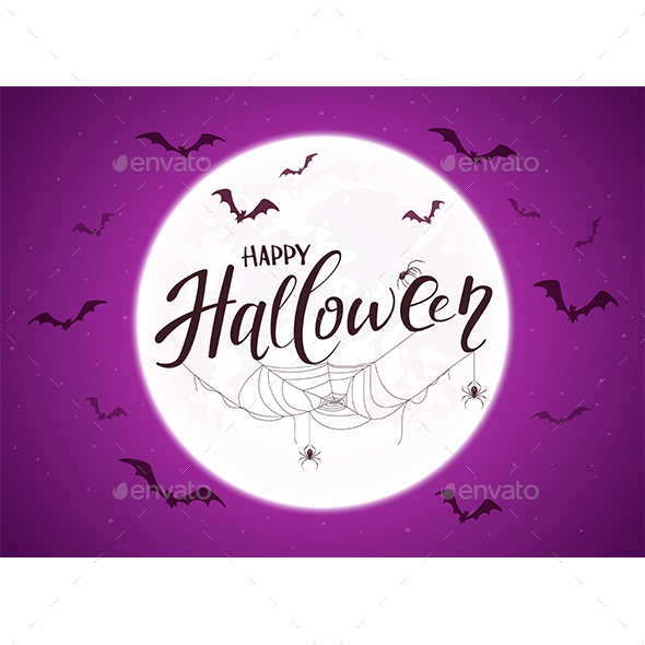 Purple Halloween Background with Moon and Bats