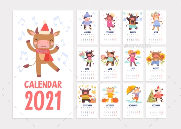 2021 Calendar Template with Cartoon Animals