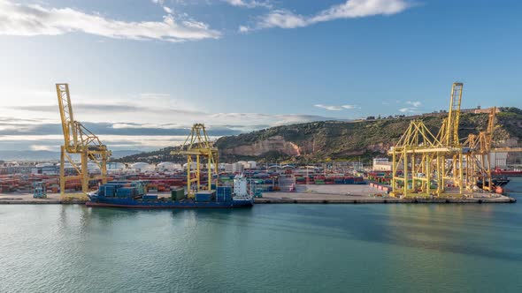 Aerial View of the Sea Cargo Port and Container Terminal of Barcelona Timelapse Barcelona Catalonia