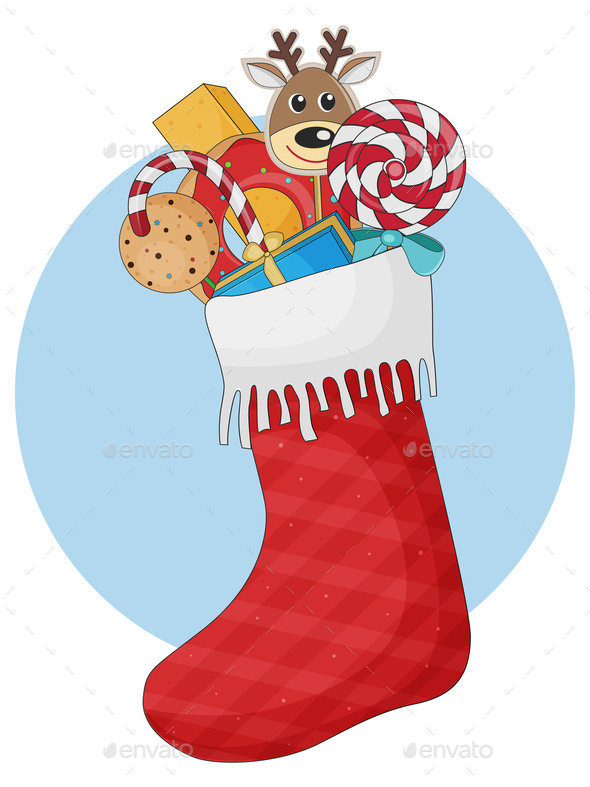 Red Christmas Stocking with Gifts and Sweets