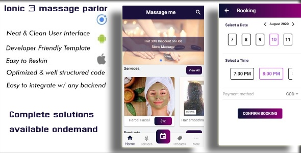 ionic 3 massage parlor (salon) appointment booking app template (Android, IOS )   Type a message